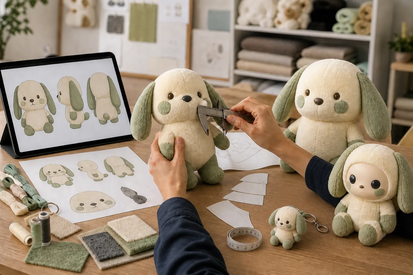 AI character design developed into a plush prototype, plush keychain and vinyl-face plush
