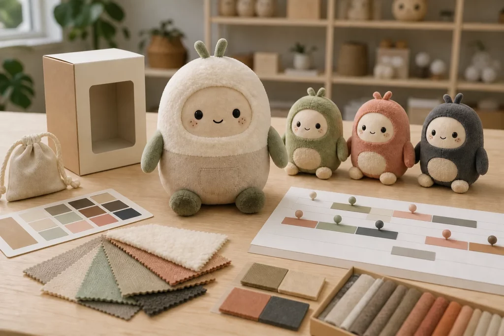 Custom plush sample, SKU variants, fabric swatches, packaging and project timeline
