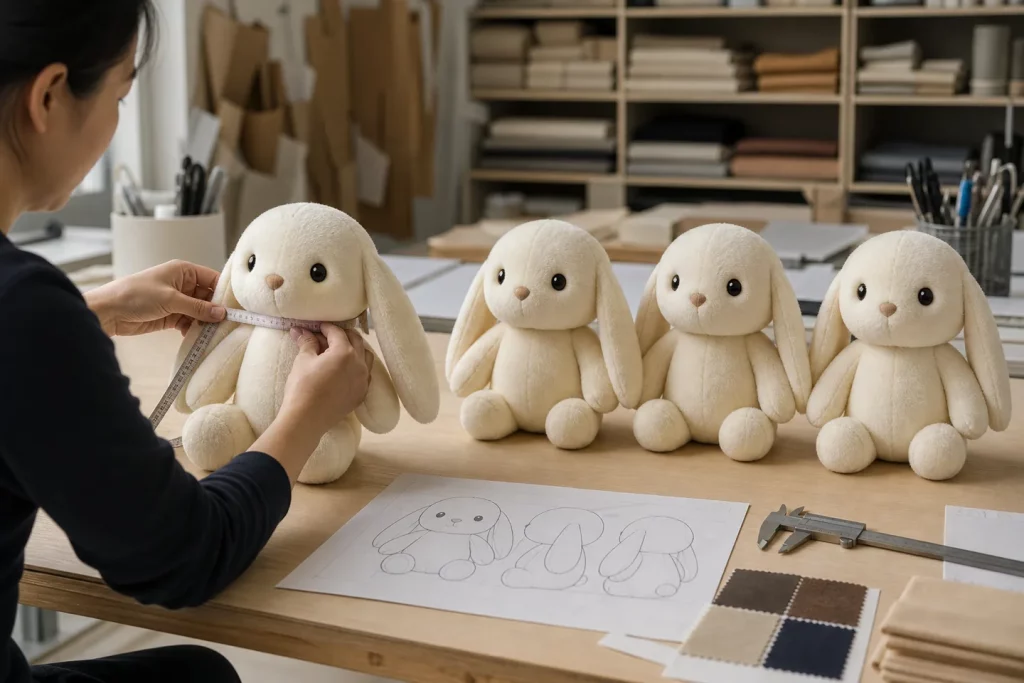 Approved custom plush sample compared with consistent production units