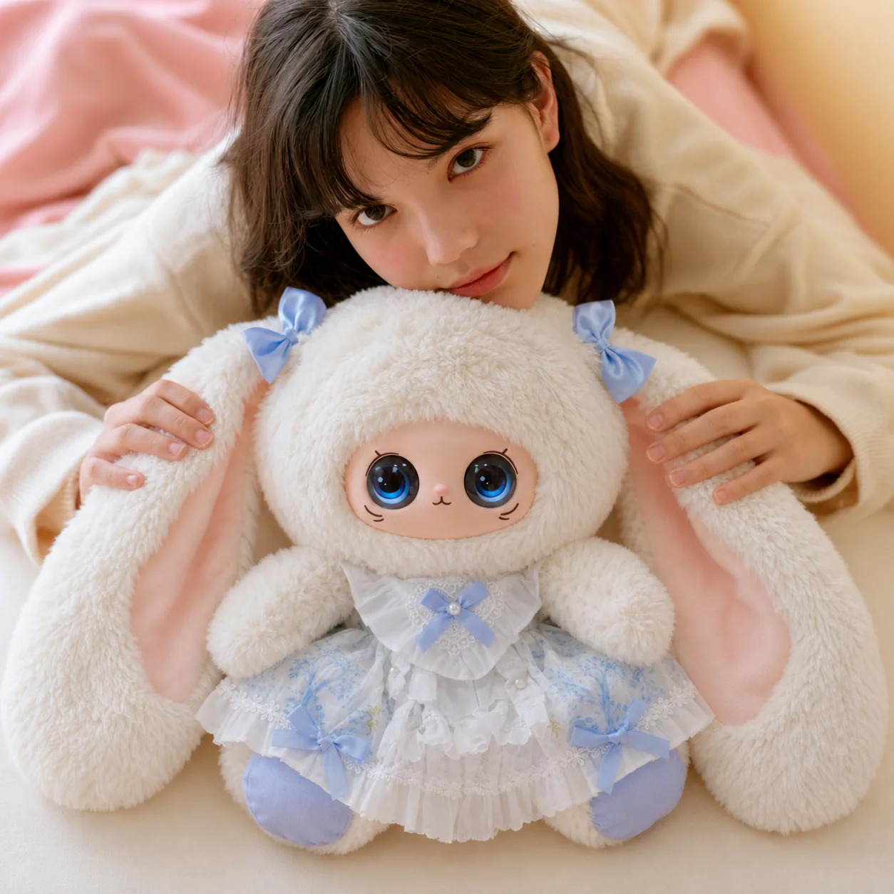 Snowdrop plush character in a warm bedroom lifestyle scene