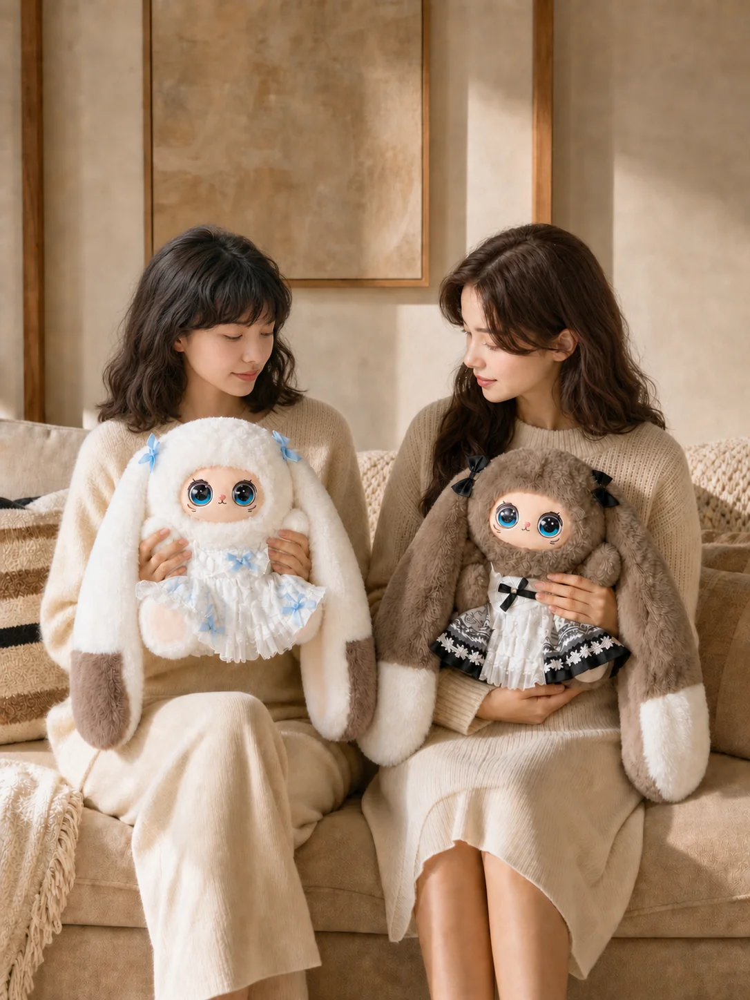 Two women holding Snowdrop and Stardew plush characters in a warm home